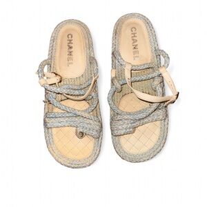 CHANEL cord and lambskin sandals in blue and white